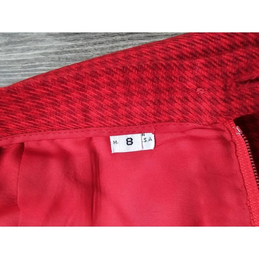 Christian Dior Vintage Houndstooth Red Plaid Pure Wool Skirt Suit Set Size 8
